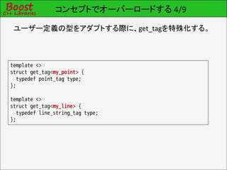 コンセプトでオーバーロードする 4/9

 ユーザー定義の型をアダプトする際に、get_tagを特殊化する。



template <>
struct get_tag<my_point> {
   typedef point_tag type;
};

template <>
struct get_tag<my_line> {
   typedef line_string_tag type;
};
 