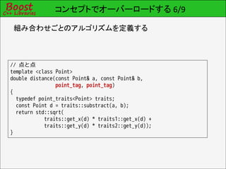 コンセプトでオーバーロードする 6/9

 組み合わせごとのアルゴリズムを定義する



// 点と点
template <class Point>
double distance(const Point& a, const Point& b,
                point_tag, point_tag)
{
  typedef point_traits<Point> traits;
  const Point d = traits::substract(a, b);
  return std::sqrt(
            traits::get_x(d) * traits1::get_x(d) +
            traits::get_y(d) * traits2::get_y(d));
}
 