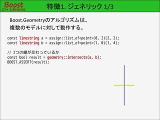 特徴1. ジェネリック 1/3
 Boost.Geometryのアルゴリズムは、
 複数のモデルに対して動作する。
const linestring a = assign::list_of<point>(0, 2)(2, 2);
const linestring b = assign::list_of<point>(1, 0)(1, 4);

// 2つの線が交わっているか
const bool result = geometry::intersects(a, b);
BOOST_ASSERT(result);
 