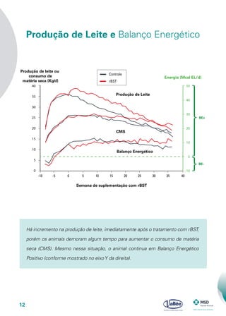 12
Produção de Leite e Balanço Energético
Controle
rBST
-10 -5 0 5 10 15 20 25 30 35 40
Semana de suplementação com rBST
Produção de leite ou
consumo de
matéria seca (Kg⁄d)
Energia (Mcal EL/d)
Produção de Leite
Balanço Energético
CMS
0
5
10
15
20
25
30
35
40
-10
0
10
20
30
40
50
BE+
BE-
Há incremento na produção de leite, imediatamente após o tratamento com rBST,
porém os animais demoram algum tempo para aumentar o consumo de matéria
seca (CMS). Mesmo nessa situação, o animal continua em Balanço Energético
Positivo (conforme mostrado no eixo Y da direita).
 