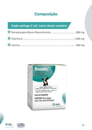 17
Composição
Cada seringa 2 mL (uma dose) contém:
Somatotropina Bovina Recombinante...................................... 500 mg
Vitamina E.............................................................................. 1,200 mg
Lecitina..................................................................................... 300 mg
 