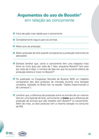 19
Argumentos do uso de Boostin®
em relação ao concorrente
	 Início de ação mais rápida que o concorrente.
	 Maior pico de produção.
	 Sempre lembrar que, como o concorrente tem uma resposta mais
lenta no início (pico por volta de 7 dias, enquanto Boostin®
tem pico
por volta de 4 dias), o número de dias em que há aumento efetivo de
produção leiteira é maior no Boostin®
.
	 Foi publicado no Congresso Mundial de Buiatria 2016 um trabalho
comparativo dos dois produtos do mercado durante uma lactação
completa, realizado no Brasil (ver na sessão “Dados Experimentais e
de Literatura”).
	 Lembrar que, a diferença de produção entre os animais de um mesmo
lote em uma fazenda de leite, comumente, é maior que a diferença de
produção de animais que são tratados com Boostin®
vs concorrente.
Além do mais, os dois produtos tem a mesma variação no consumo
de MS.
	 Completamente seguro para os animais.
	 Maior produção de leite quando comparamos a produção total entre as
aplicações.
 