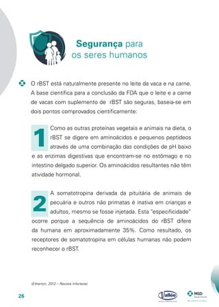 26
Como as outras proteínas vegetais e animais na dieta, o
rBST se digere em aminoácidos e pequenos peptídeos
através de uma combinação das condições de pH baixo
e as enzimas digestivas que encontram-se no estômago e no
intestino delgado superior. Os aminoácidos resultantes não têm
atividade hormonal.
A somatotropina derivada da pituitária de animais de
pecuária e outros não primatas é inativa em crianças e
adultos, mesmo se fosse injetada. Esta “especificidade”
ocorre porque a sequência de aminoácidos do rBST difere
da humana em aproximadamente 35%. Como resultado, os
receptores de somatotropina em células humanas não podem
reconhecer o rBST.
	 O rBST está naturalmente presente no leite da vaca e na carne.
A base científica para a conclusão da FDA que o leite e a carne
de vacas com suplemento de rBST são seguras, baseia-se em
dois pontos comprovados cientificamente:
(Etherton, 2012 – Revista Inforleite)
Segurança para
os seres humanos
1
2
 