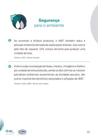 31
	 Ao aumentar a eficácia produtiva, o rBST também reduz a
poluição ambiental derivada de explorações leiteiras. Isso ocorre
pelo fato de requerer 12% menos alimento para produzir uma
unidade de leite.
	 A diminuição na produção de fezes, metano, nitrogênio e fósforo
por unidade de leite produzido, sendo os dois últimos os maiores
poluidores ambientais provenientes da atividade pecuária, são
outros importantes benefícios associados à utilização de rBST.
Segurança
para o ambiente
(Etherton, 2012 – Revista Inforleite)
(Campos; Coelho, 2009 – Revista Leite Integral)
 