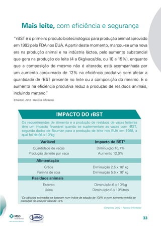 33
IMPACTO DO rBST
Variável
Alimentação
Impacto do BST1
Diminuição 10,7%
Aumento 12,0%
Quantidade de vacas
Produção de leite por vaca
Diminuição 2,5 x 109
kg
Diminuição 5,6 x 107
kg
Grãos
Farinha de soja
Resíduos animais
Diminuição 6 x 109
kg
Diminuição 8 x 109
litros
Esterco
Urina
1
Os cálculos estimados se baseiam num índice de adoção de 100% e num aumento médio de
produção de leite por vaca de 12%
Os requerimentos de alimento e a produção de resíduos de vacas leiteiras
têm um impacto favorável quando se suplementam as vacas com rBST,
segundo dados de Bauman para a produção de leite nos EUA em 1988, a
qual foi de 66 x 109
kg
(Etherton, 2012 – Revista Inforleite)
“rBST é o primeiro produto biotecnológico para produção animal aprovado
em 1993 pelo FDA nos EUA. A partir deste momento, marcou-se uma nova
era na produção animal e na indústria láctea, pelo aumento substancial
que gera na produção de leite (4 a 6kg/vaca/dia, ou 10 a 15%), enquanto
que a composição do mesmo não é alterada; está acompanhada por
um aumento aproximado de 12% na eficiência produtiva sem afetar a
quantidade de rBST presente no leite ou a composição do mesmo. E o
aumento na eficiência produtiva reduz a produção de resíduos animais,
incluindo metano.”
Etherton, 2012 - Revista Inforleite).
Mais leite, com eficiência e segurança
 
