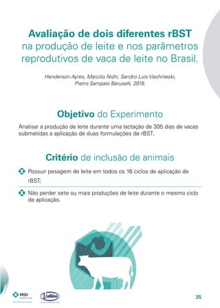 35
Objetivo do Experimento
Critério de inclusão de animais
Analisar a produção de leite durante uma lactação de 305 dias de vacas
submetidas a aplicação de duas formulações de rBST.
Possuir pesagem de leite em todos os 16 ciclos de aplicação de
rBST;
Não perder sete ou mais produções de leite durante o mesmo ciclo
de aplicação.
Avaliação de dois diferentes rBST
na produção de leite e nos parâmetros
reprodutivos de vaca de leite no Brasil.
Henderson Ayres, Marcilio Nichi, Sandro Luis Viechnieski,
Pietro Sampaio Baruselli, 2016.
 