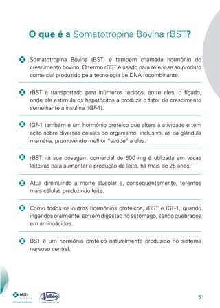5
	 Somatotropina Bovina (BST) é também chamada hormônio do
crescimento bovino. O termo rBST é usado para referir-se ao produto
comercial produzido pela tecnologia de DNA recombinante.
	 rBST é transportado para inúmeros tecidos, entre eles, o fígado,
onde ele estimula os hepatócitos a produzir o fator de crescimento
semelhante a insulina (IGF-1).
	 IGF-1 também é um hormônio proteico que altera a atividade e tem
ação sobre diversas células do organismo, inclusive, as da glândula
mamária, promovendo melhor “saúde” a elas.
	 rBST na sua dosagem comercial de 500 mg é utilizada em vacas
leiteiras para aumentar a produção de leite, há mais de 25 anos.
	 Atua diminuindo a morte alveolar e, consequentemente, teremos
mais células produzindo leite.
	 Como todos os outros hormônios proteícos, rBST e IGF-1, quando
ingeridos oralmente, sofrem digestão no estômago, sendo quebrados
em aminoácidos.
	 BST é um hormônio proteico naturalmente produzido no sistema
nervoso central.
O que é a Somatotropina Bovina rBST?
 