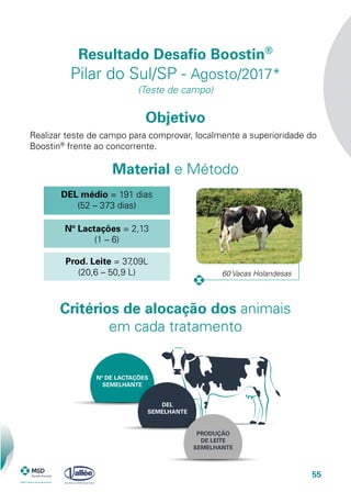 55
Objetivo
Resultado Desafio Boostin®
Pilar do Sul/SP - Agosto/2017*
(Teste de campo)
Material e Método
Realizar teste de campo para comprovar, localmente a superioridade do
Boostin®
frente ao concorrente.
Época do Ano = Verão
DEL médio = 191 dias
(52 – 373 dias)
Nº Lactações = 2,13
(1 – 6)
Prod. Leite = 37,09L
(20,6 – 50,9 L) 60 Vacas Holandesas
Critérios de alocação dos animais
em cada tratamento
Nº DE LACTAÇÕES
SEMELHANTE
DEL
SEMELHANTE
PRODUÇÃO
DE LEITE
SEMELHANTE
 