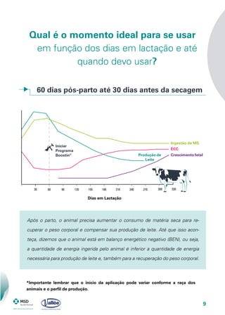 9
330300270240210180150120906030
Produção de
Leite
Ingestão de MS
ECC
Iniciar
Programa
Boostin® Crescimento fetal
Dias em Lactação
*Importante lembrar que o início da aplicação pode variar conforme a raça dos
animais e o perfil de produção.
60 dias pós-parto até 30 dias antes da secagem
Qual é o momento ideal para se usar
em função dos dias em lactação e até
quando devo usar?
Após o parto, o animal precisa aumentar o consumo de matéria seca para re-
cuperar o peso corporal e compensar sua produção de leite. Até que isso acon-
teça, dizemos que o animal está em balanço energético negativo (BEN), ou seja,
a quantidade de energia ingerida pelo animal é inferior a quantidade de energia
necessária para produção de leite e, também para a recuperação do peso corporal.
 