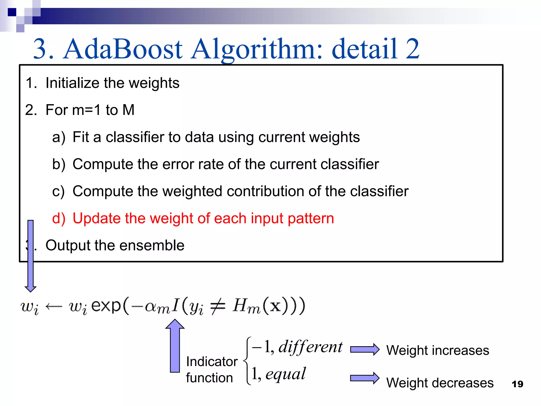 19
3. AdaBoost Algorithm: detail 2
1. Initialize the weights
2. For m=1 to M
a) Fit a classifier to data using current weights
b) Compute the error rate of the current classifier
c) Compute the weighted contribution of the classifier
d) Update the weight of each input pattern
3. Output the ensemble
Indicator
function equal
different
,1
,1 Weight increases
Weight decreases
 