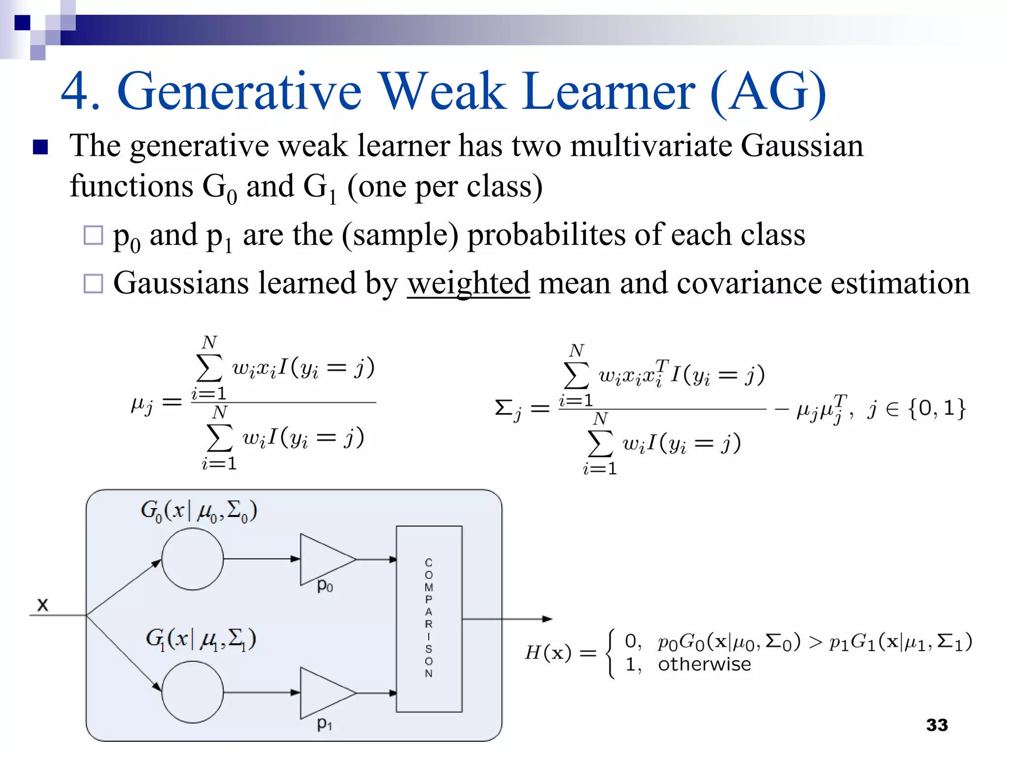 33
4. Generative Weak Learner (AG)
 The generative weak learner has two multivariate Gaussian
functions G0 and G1 (one per class)
 p0 and p1 are the (sample) probabilites of each class
 Gaussians learned by weighted mean and covariance estimation
 