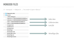MONGODB FILES
>> mongod --dbpath ./wired-tiger-data/
Index data
Collection data
Lock file
WiredTiger files
 