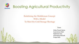 Redefining the Middleman Concept
With a Model
To Meet the Cold Storage Shortage
Boosting Agricultural Productivity
Shiba Prasad Sahoo
Suraj Kumar Rath
Rajkishore Das
Antariksha Pattnaik
Prayas Rath
Team:
 