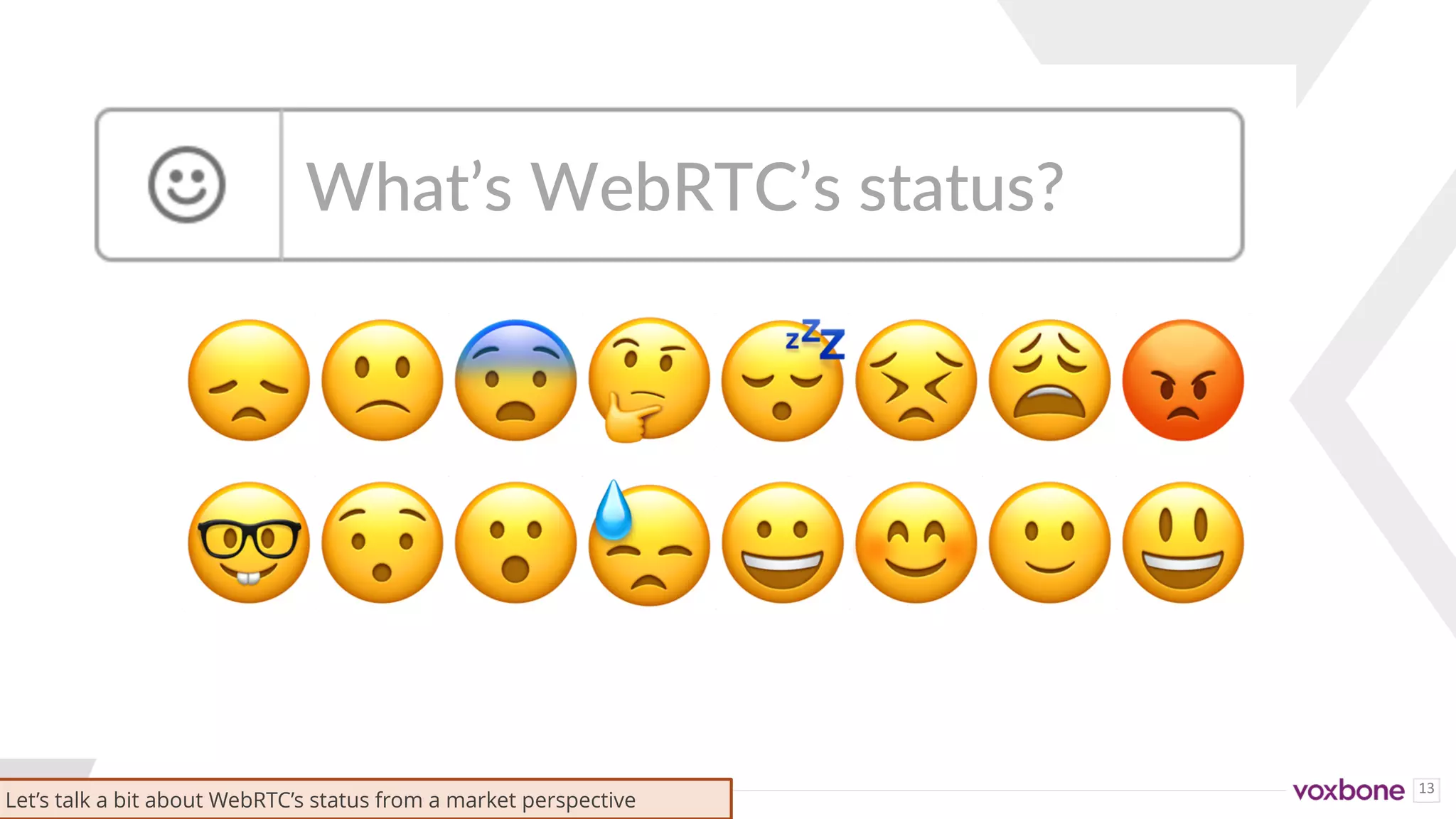 13
😞🙁😨🤔😴😣😩😡
🤓😯😮😓😀😊🙂😃
What’s WebRTC’s status?
Let’s talk a bit about WebRTC’s status from a market perspective
 