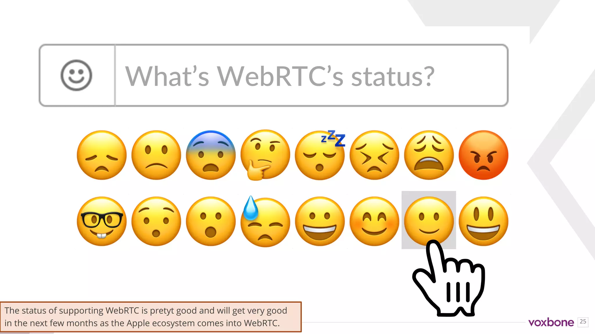 25
😞🙁😨🤔😴😣😩😡
🤓😯😮😓😀😊🙂😃
What’s WebRTC’s status?
The status of supporting WebRTC is pretyt good and will get very good
in the next few months as the Apple ecosystem comes into WebRTC.
 