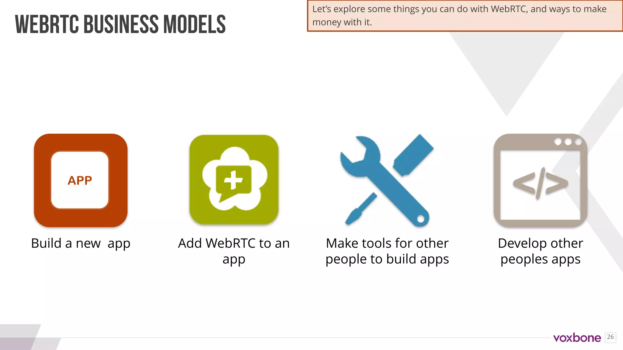26
Build a new app Add WebRTC to an
app
Make tools for other
people to build apps
Develop other
peoples apps
WEBRTC BUSINESS MODELS
+
Let’s explore some things you can do with WebRTC, and ways to make
money with it.
 