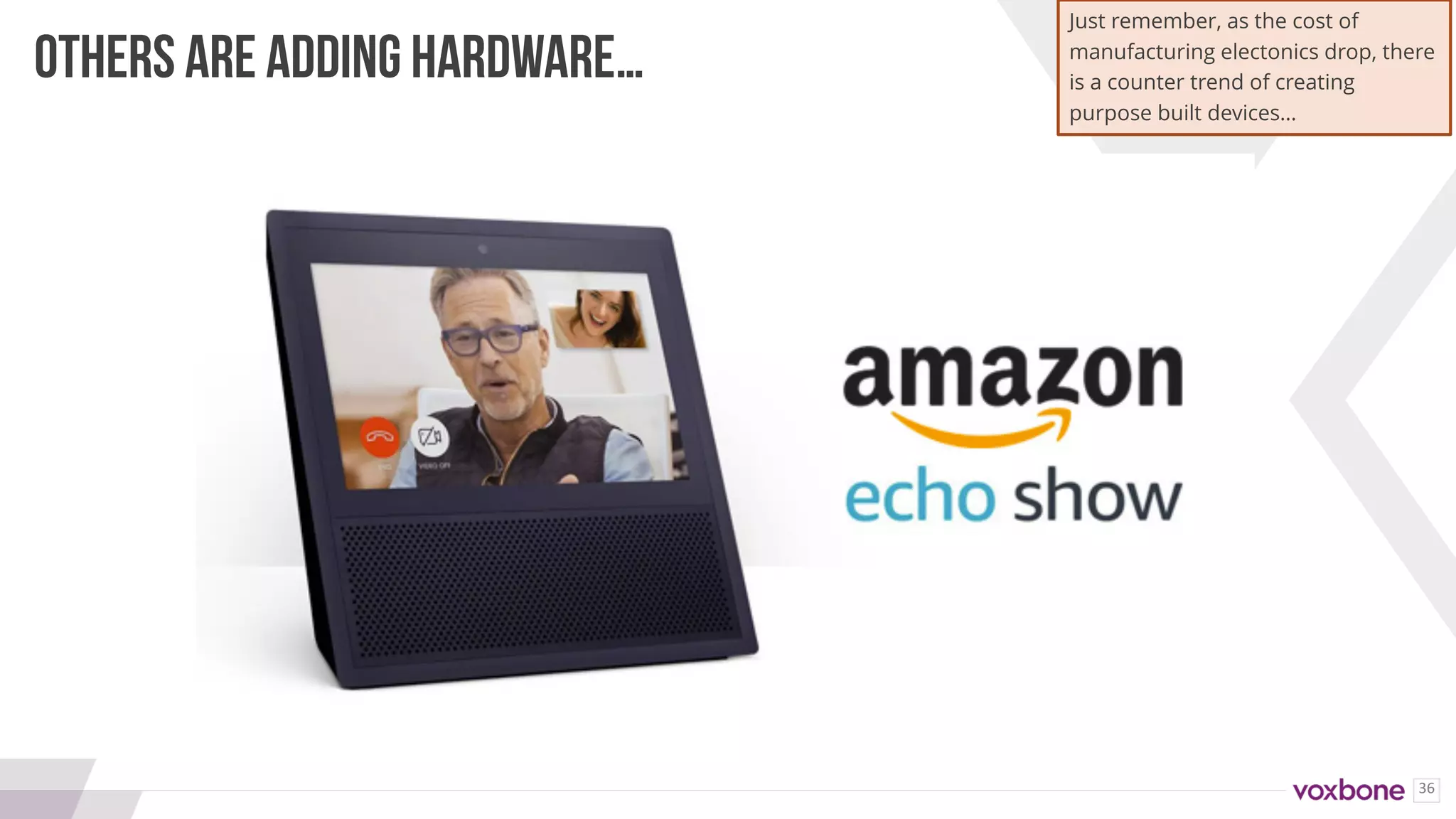 36
OTHERS ARE ADDING HARDWARE…
Just remember, as the cost of
manufacturing electonics drop, there
is a counter trend of creating
purpose built devices…
 