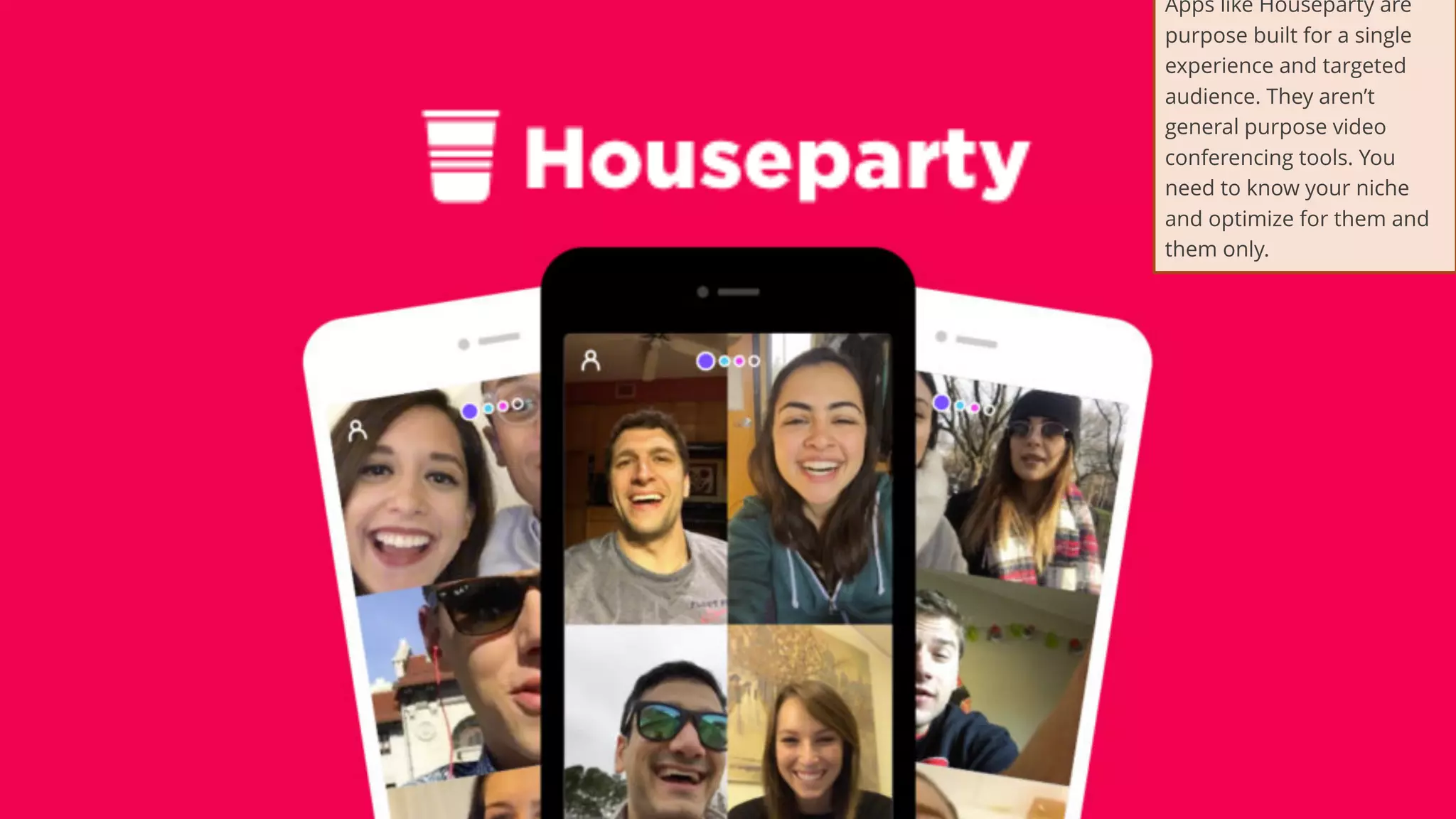 44
Apps like Houseparty are
purpose built for a single
experience and targeted
audience. They aren’t
general purpose video
conferencing tools. You
need to know your niche
and optimize for them and
them only.
 
