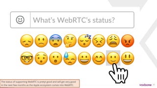 25
😞🙁😨🤔😴😣😩😡
🤓😯😮😓😀😊🙂😃
What’s WebRTC’s status?
The status of supporting WebRTC is pretyt good and will get very good
in the next few months as the Apple ecosystem comes into WebRTC.
 