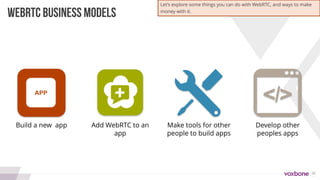 26
Build a new app Add WebRTC to an
app
Make tools for other
people to build apps
Develop other
peoples apps
WEBRTC BUSINESS MODELS
+
Let’s explore some things you can do with WebRTC, and ways to make
money with it.
 