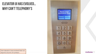 41
ELEVATOR UI HAS EVOLVED…
WHY CAN’T TELEPHONY’S
Even elevators have evolved their UX
beyond a bunch of numbers
 