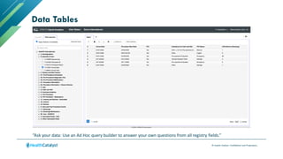© Health Catalyst. Confidential and Proprietary.
Data Tables
“Ask your data: Use an Ad Hoc query builder to answer your own questions from all registry fields.”
 
