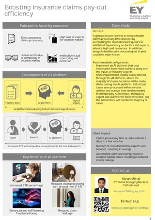 Contact us
Varun Mittal
EY Global Emerging Markets
FinTech lead
varun.mittal@sg.ey.com
FinTech Hub
www.ey.com/sg/FinTechHub
Case study
Context:
A general insurer wanted to reduce health
claims processing time and cost by
automating the claim decisioning process
which had dependency on doctors and experts
who are high cost resources. In addition,
delays in health claim processing led to poor
customer experiences.
Recommended configuration:
• Implement an AI platform that uses
information from historical data along with
the inputs of industry experts
• Once implemented, claims will be filtered
through the AI platform, where the
majority of claims decisions will be made
• While testing the AI platform, 95% of test
cases were processed within minutes
without any manual intervention needed
• If prompted by AI interface, an industry
expert will examine the claim if needed, but
the AI interface will handle the majority of
cases
Boosting insurance claims pay-out
efficiency
Development of AI platform
Pain points faced by consumer
Time consuming
claims processing
Key benefits of AI platform
1
Human errors due
to complexity in
decision making
Ineffective fraud
monitoring and
detection
High cost of experts
for decision making
AI platform
Expert
inputsHistoric data
AI platform trained using historic data and expert inputs
InsurerClaim
Increased STP with only a few cases passed to doctors and experts
AI platform
Expert
Inputs
Increased STP percentage
Enhanced and self learning
fraud monitoring
Reduced claim
leakage
Reduced claim processing
turn around time (TAT)
Client impact:
• Claims processing time is reduced from 3
days to a few minutes
• Number of cases handled by experts was
reduced, resulting in savings
• Automated claim processing results in
reduced human errors resulting in reduced
claims leakage
 