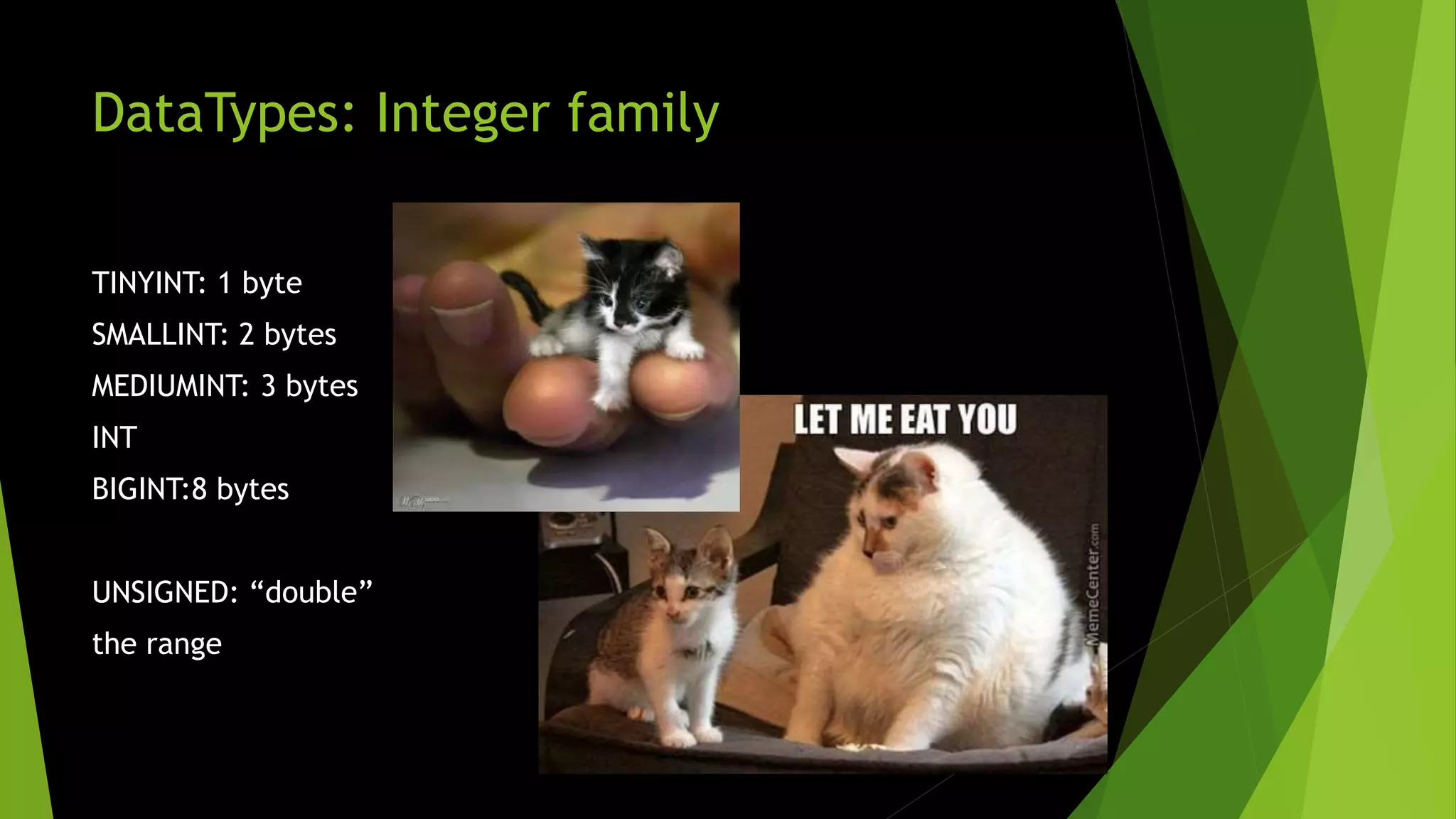 DataTypes: Integer family TINYINT: 1 byte SMALLINT: 2 bytes MEDIUMINT: 3 bytes INT BIGINT:8 bytes UNSIGNED: “double” the range 