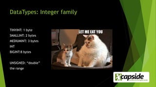 DataTypes: Integer family
TINYINT: 1 byte
SMALLINT: 2 bytes
MEDIUMINT: 3 bytes
INT
BIGINT:8 bytes
UNSIGNED: “double”
the range
 