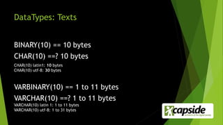 DataTypes: Texts
BINARY(10) == 10 bytes
CHAR(10) ==? 10 bytes
CHAR(10) latin1: 10 bytes
CHAR(10) utf-8: 30 bytes
VARBINARY(10) == 1 to 11 bytes
VARCHAR(10) ==? 1 to 11 bytes
VARCHAR(10) latin 1: 1 to 11 bytes
VARCHAR(10) utf-8: 1 to 31 bytes
 