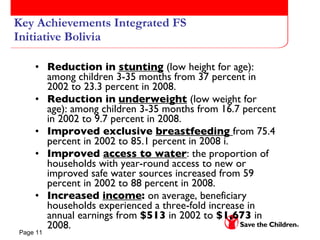 Key Achievements Integrated FS Initiative Bolivia Reduction in  stunting  (low height for age): among children 3-35 months from 37 percent in 2002 to 23.3 percent in 2008. Reduction in   underweight  (low weight for age): among children 3-35 months from 16.7 percent in 2002 to 9.7 percent in 2008. Improved exclusive  breastfeeding  from 75.4 percent in 2002 to 85.1 percent in 2008 i. Improved  access to water : the proportion of households with year-round access to new or improved safe water sources increased from 59 percent in 2002 to 88 percent in 2008. Increased  income :  on average, beneficiary households experienced a three-fold increase in annual earnings from  $513  in 2002 to  $1,673  in 2008.  
