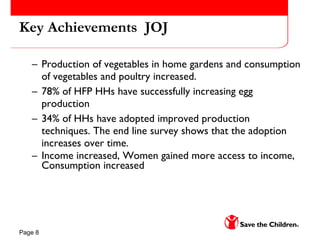 Key Achievements  JOJ Production of vegetables in home gardens and consumption of vegetables and poultry increased. 78% of HFP HHs have successfully increasing egg production 34% of HHs have adopted improved production techniques. The end line survey shows that the adoption increases over time.  Income increased, Women gained more access to income, Consumption increased 