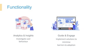 Functionality
Analytics & Insights
Investigate user
behaviour
Guide & Engage
Implement solutions to
minimise
barriers to adoption
 
