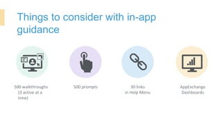 Things to consider with in-app
guidance
500 prompts
500 walkthroughs
(3 active at a
time)
30 links
in Help Menu
AppExchange
Dashboards
 