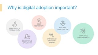 DATA-DRIVEN
DECISION
MAKING
Why is digital adoption important?
EMPLOYEE
EMPOWERMENT
AGILITY &
ADAPTABILITY
COST
REDUCTION
EFFICIENCY &
PRODUCTIVITY
COMPETITIVE
ADVANTAGE
 