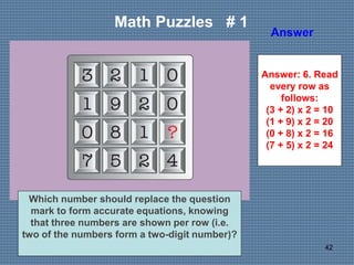 42
Math Puzzles # 1
Answer
Which number should replace the question
mark to form accurate equations, knowing
that three nu...