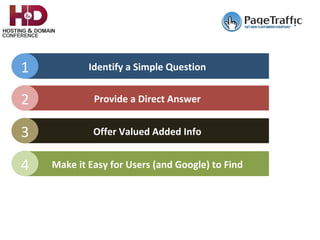 Identify	a	Simple	Question	
Provide	a	Direct	Answer	
Make	it	Easy	for	Users	(and	Google)	to	Find	
1	
2	
4	
Offer	Valued	Added	Info	3	
 