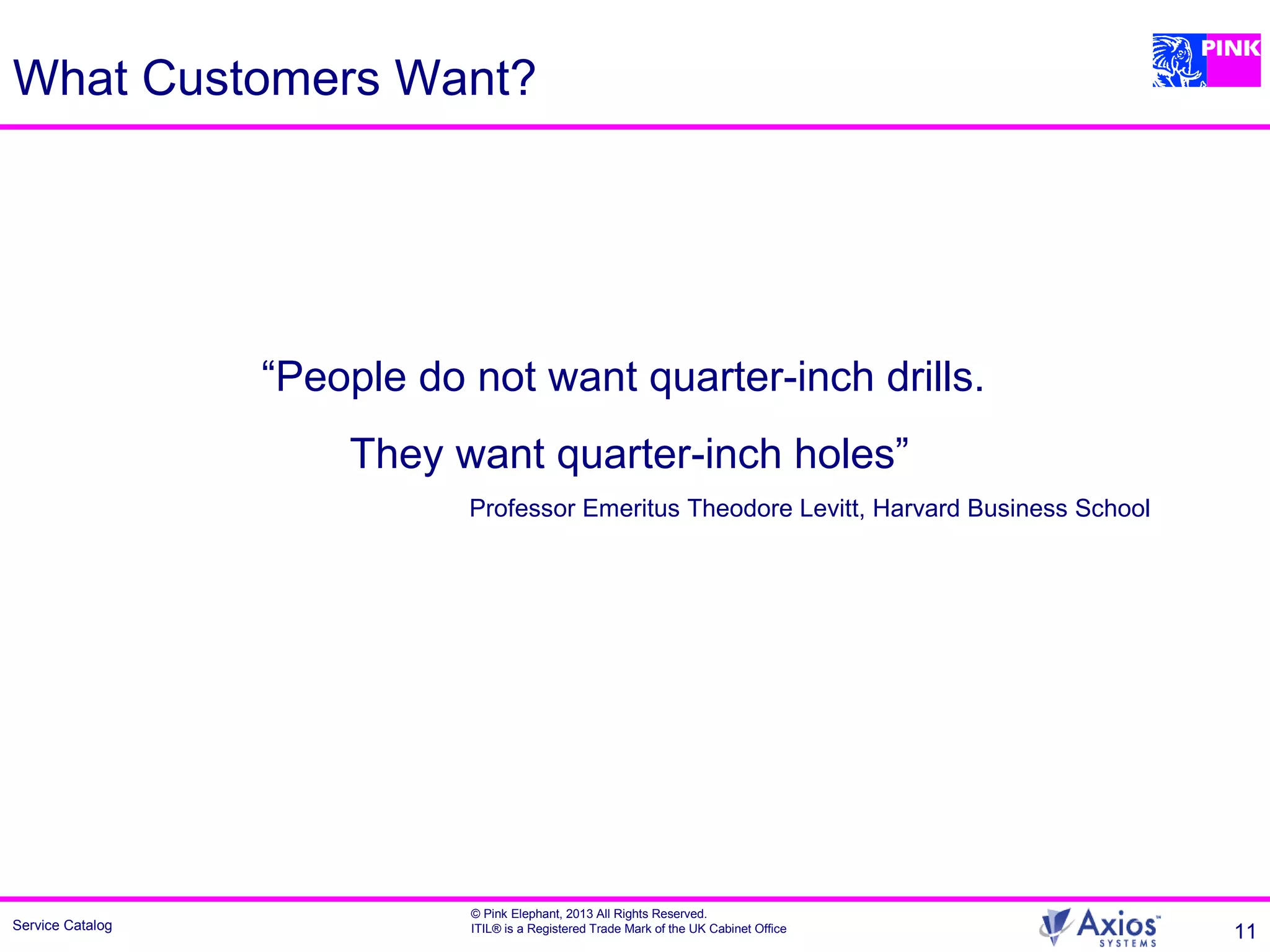 Service Catalog
© Pink Elephant, 2013 All Rights Reserved.
ITIL® is a Registered Trade Mark of the UK Cabinet Office 11
What Customers Want?
“People do not want quarter-inch drills.
They want quarter-inch holes”
Professor Emeritus Theodore Levitt, Harvard Business School
 