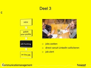 Deel 3
o jobs zoeken
o direct vanuit LinkedIn solliciteren
o job alert
 