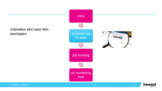 rubrieken één voor één
overlopen
12
12/12/2021 Voettekst
intro
je profiel up
to date
job hunting
als marketing
tool
 