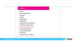 47
12/12/2021 Voettekst
• intro
• your dashboard
• activity
• about
• experience
• education
• licenses & certifications
• volunteer experience
• skills & endorsements
• recommendations
• accomplishments
• interests
• causes you care about
rubrieken
 