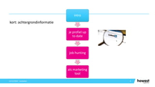 kort: achtergrondinformatie
6
12/12/2021 Voettekst
intro
je profiel up
to date
job hunting
als marketing
tool
 