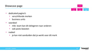 • dedicated pagina’s
• verschillende merken
• business units
• voordeel
• mkt. team kan dit delegeren naar anderen
• ook posts boosten
• nadeel
• je kan niet aanduiden dat je werkt voor dit merk
85
Showcase page
12/12/2021 Voettekst
LinkedIn
company
page
affiliate
page
showcase
page
 