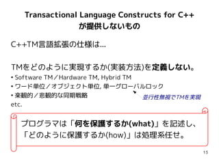 Transactional Language Constructs for C++
                  が提供しないもの

C++TM言語拡張の仕様は...

TMをどのように実現するか(実装方法)を定義しない。
●
  Software TM／Hardware TM, Hybrid TM
●
  ワード単位／オブジェクト単位, 単一グローバルロック
●
  楽観的／悲観的な同期戦略                       並行性無視でTMを実現
etc.


    プログラマは「何を保護するか(what)」を記述し、
    「どのように保護するか(how)」は処理系任せ。

                                                   13
 