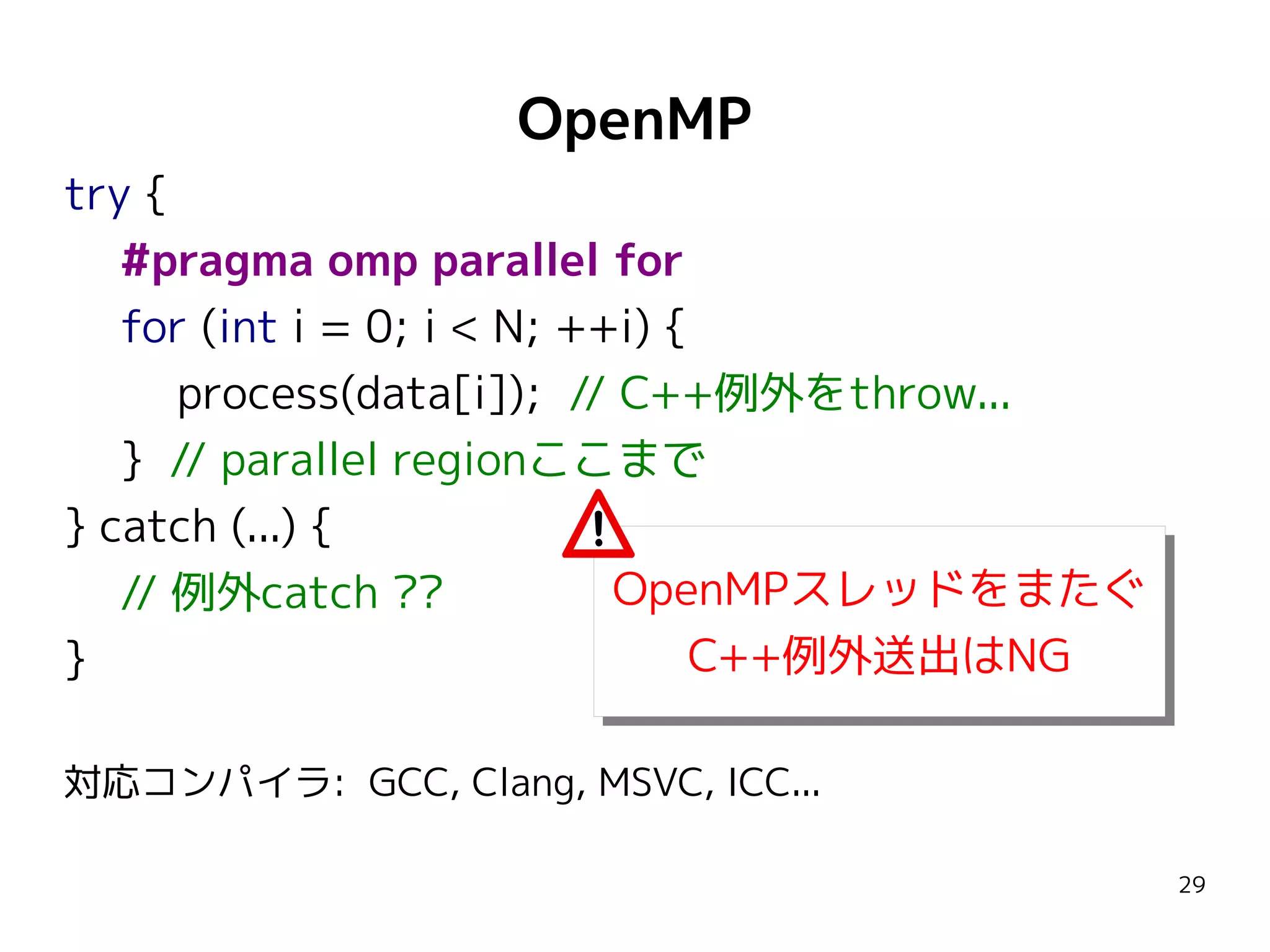 OpenMP
try {
#pragma omp parallel for
for (int i = 0; i < N; ++i) {
process(data[i]); // C++例外をthrow...
} // parallel regionここまで
} catch (...) {
OpenMPスレッドをまたぐ
// 例外catch ??
OpenMPスレッドをまたぐ
C++例外送出はNG
}
C++例外送出はNG
対応コンパイラ: GCC, Clang, MSVC, ICC...
29

 