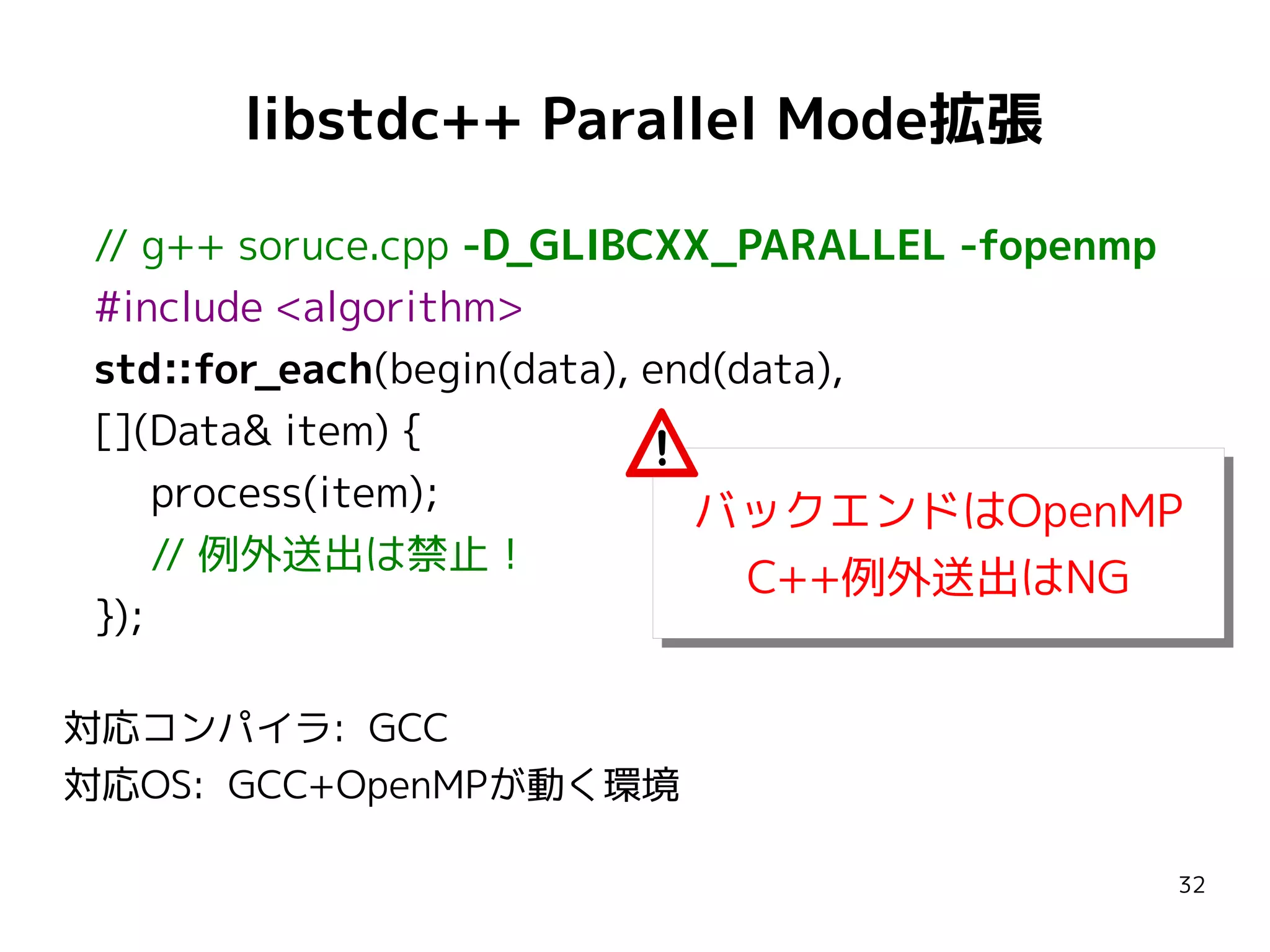 libstdc++ Parallel Mode拡張
// g++ soruce.cpp -D_GLIBCXX_PARALLEL -fopenmp
#include <algorithm>
std::for_each(begin(data), end(data),
[](Data& item) {
process(item);
バックエンドはOpenMP
バックエンドはOpenMP
// 例外送出は禁止！
C++例外送出はNG
C++例外送出はNG
});
対応コンパイラ: GCC
対応OS: GCC+OpenMPが動く環境
32

 