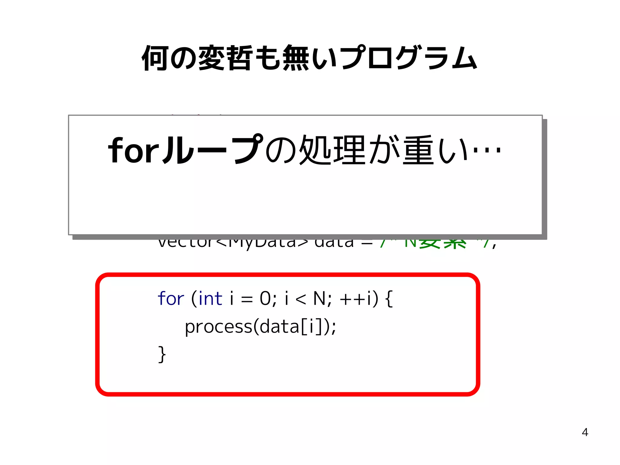 何の変哲も無いプログラム
#include <vector>
using namespace std;

forループの処理が重い…
forループの処理が重い…
const int N = 1000000;
vector<MyData> data = /* N要素 */;
for (int i = 0; i < N; ++i) {
process(data[i]);
}

4

 