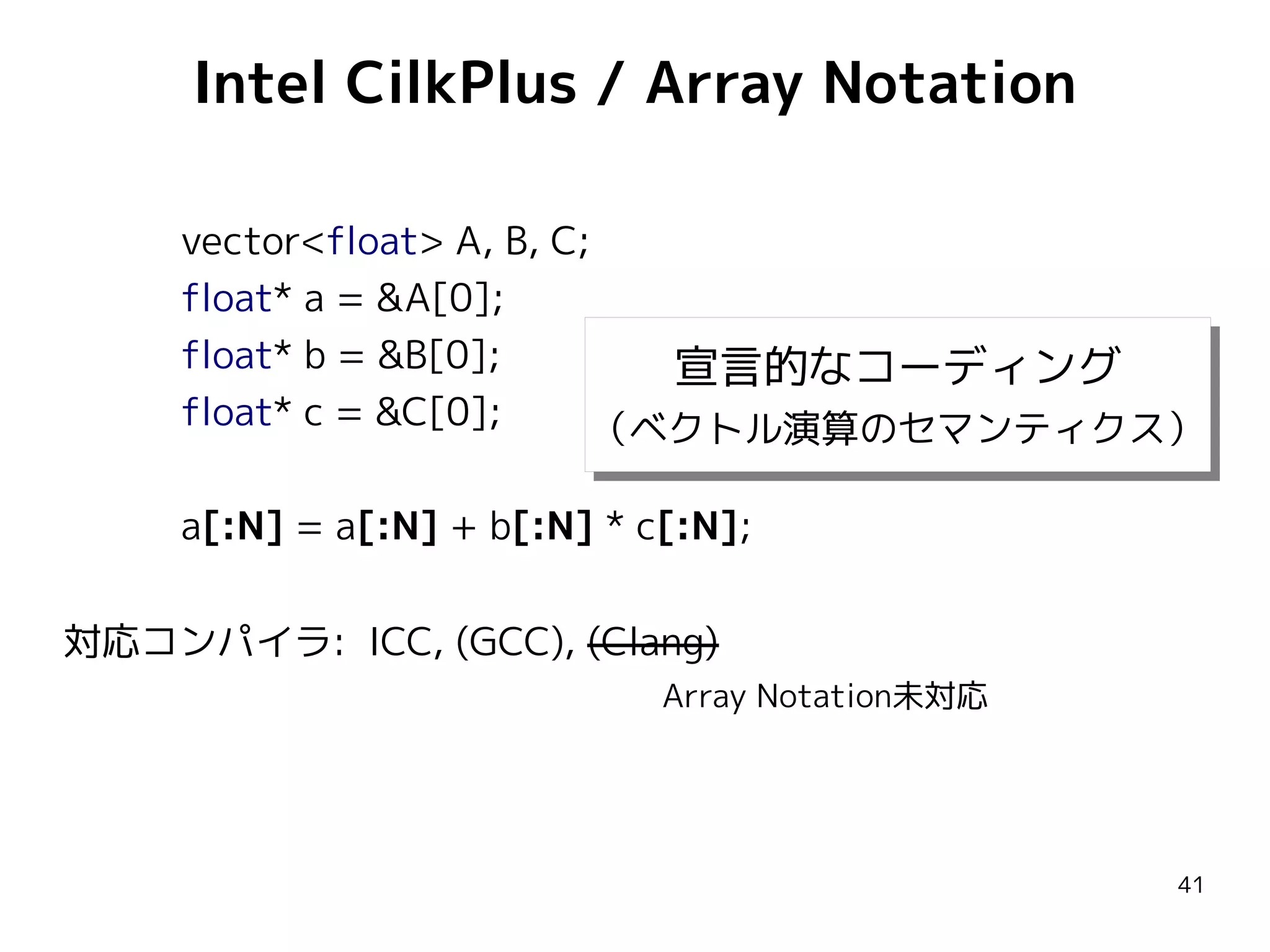 Intel CilkPlus / Array Notation
vector<float> A, B, C;
float* a = &A[0];
float* b = &B[0];
宣言的なコーディング
宣言的なコーディング
float* c = &C[0];
（ベクトル演算のセマンティクス）
（ベクトル演算のセマンティクス）
a[:N] = a[:N] + b[:N] * c[:N];
対応コンパイラ: ICC, (GCC), (Clang)
Array Notation未対応

41

 