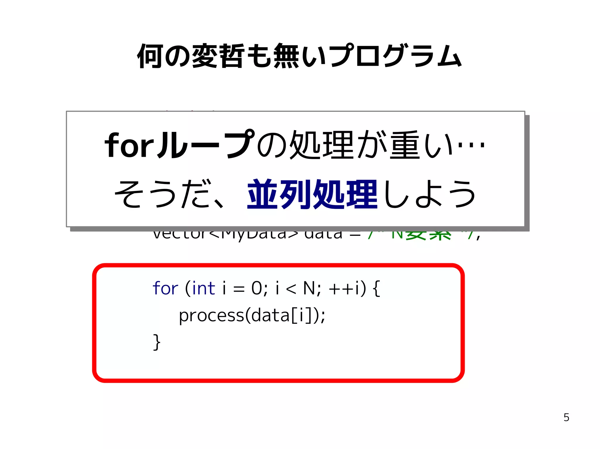 何の変哲も無いプログラム
#include <vector>
using namespace std;

forループの処理が重い…
forループの処理が重い…
const int N = 1000000;
そうだ、並列処理しよう
そうだ、並列処理しよう
vector<MyData> data = /* N要素 */;
for (int i = 0; i < N; ++i) {
process(data[i]);
}

5

 