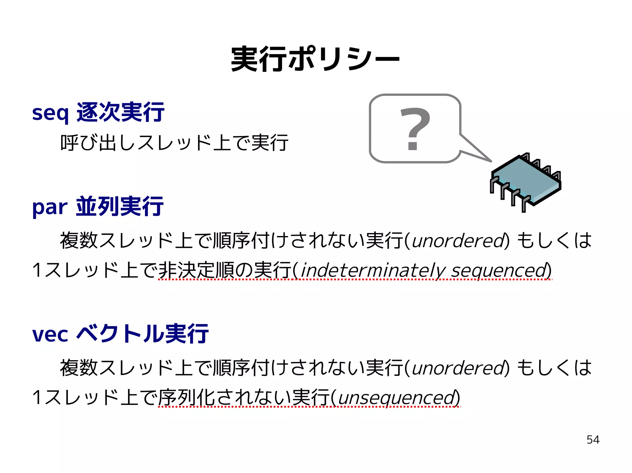 実行ポリシー
seq 逐次実行
呼び出しスレッド上で実行

?

par 並列実行
複数スレッド上で順序付けされない実行(unordered) もしくは
1スレッド上で非決定順の実行(indeterminately sequenced)

vec ベクトル実行
複数スレッド上で順序付けされない実行(unordered) もしくは
1スレッド上で序列化されない実行(unsequenced)
54

 
